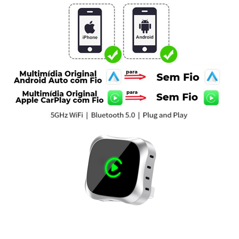 Adaptador Bluetooth Apple CarPlay e Android Auto - Micro MultimidiaWireless™